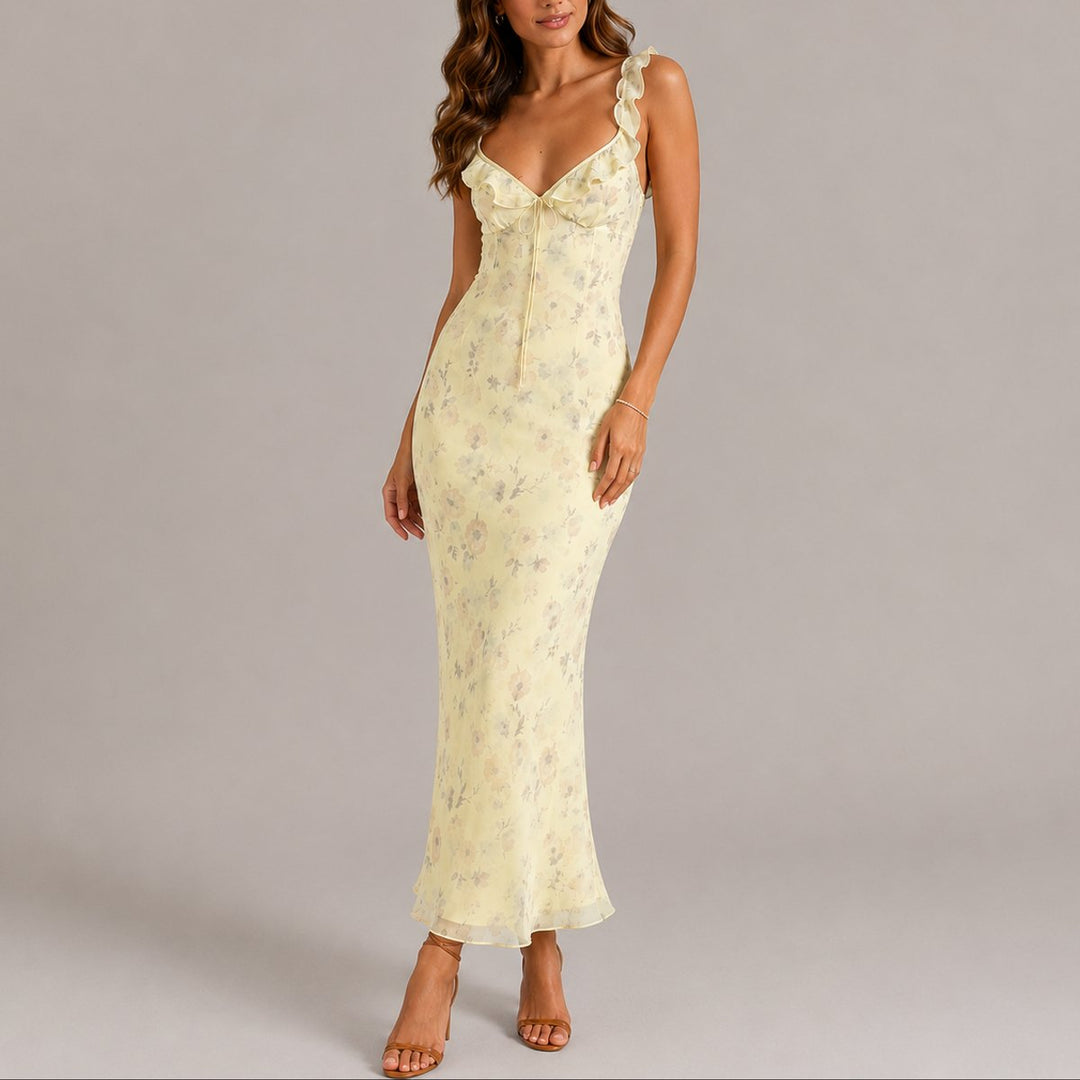 Women's Floral Ruffle-Strap Fitted Fall Wedding Guest Maxi Dress - Yellow