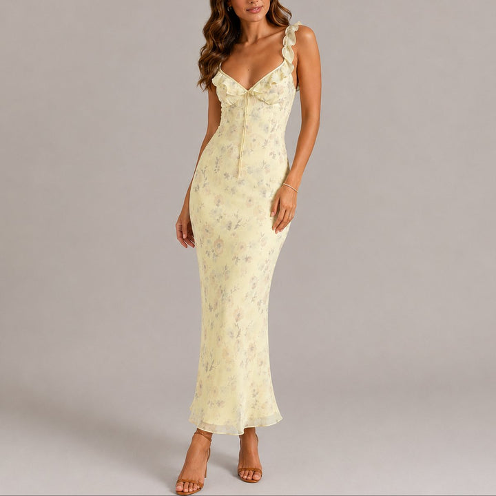 Women's Floral Ruffle-Strap Fitted Fall Wedding Guest Maxi Dress - Yellow