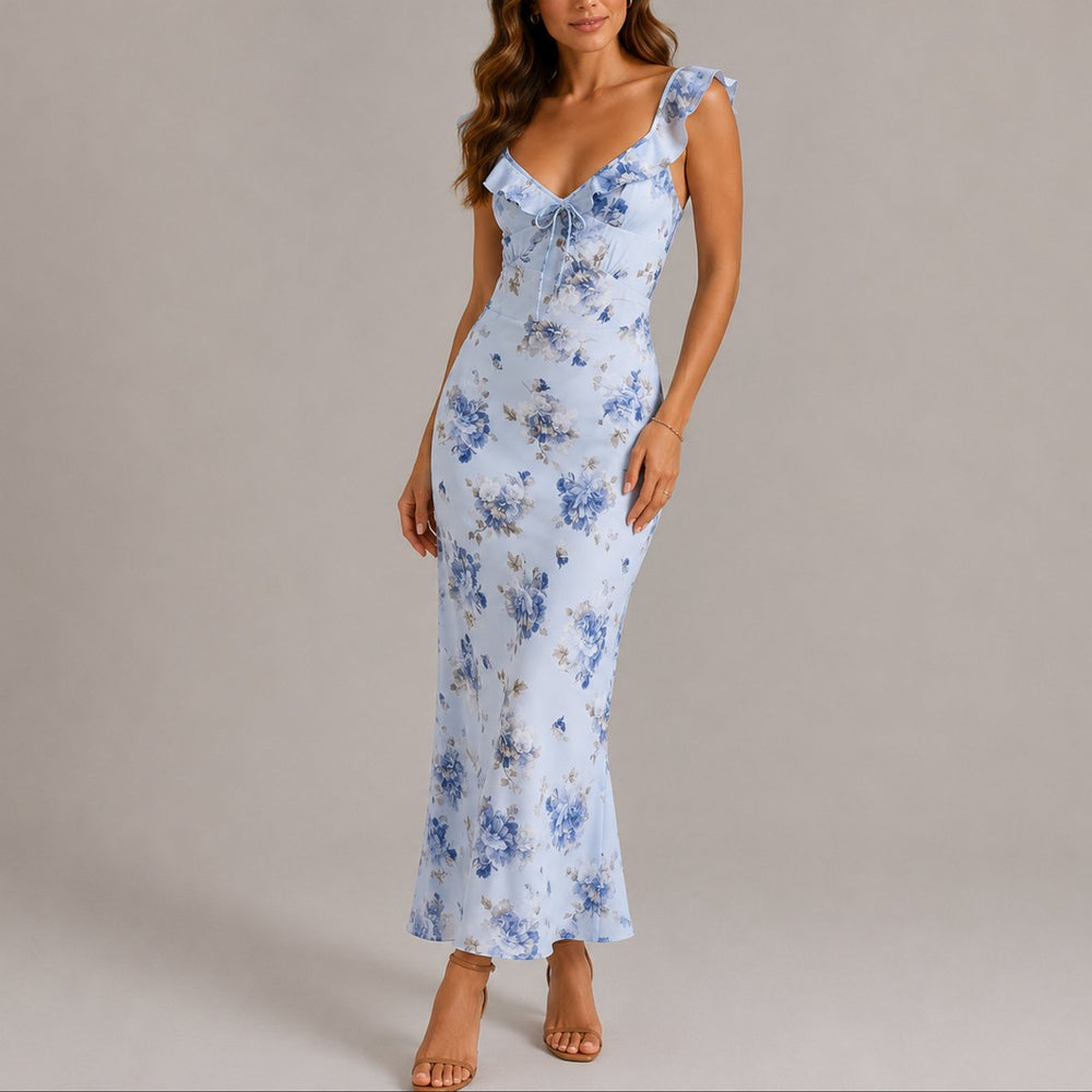 Women's Floral Ruffle-Strap Fitted Fall Wedding Guest Maxi Dress - Blue