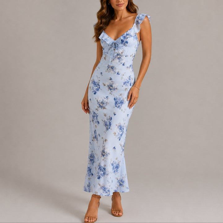 Women's Floral Ruffle-Strap Fitted Fall Wedding Guest Maxi Dress - Blue