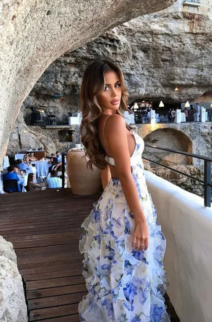 Women's Floral Ruffled Corset Strapless Maxi Dress