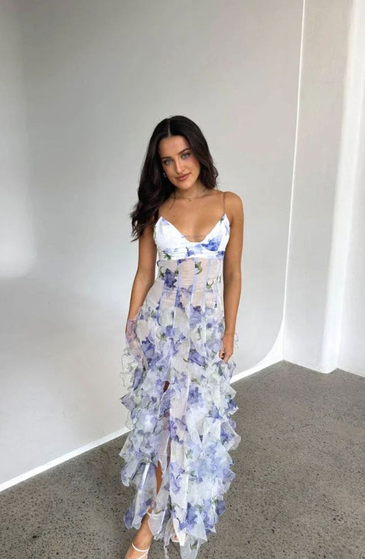 Women's Floral Ruffled Corset Strapless Maxi Dress