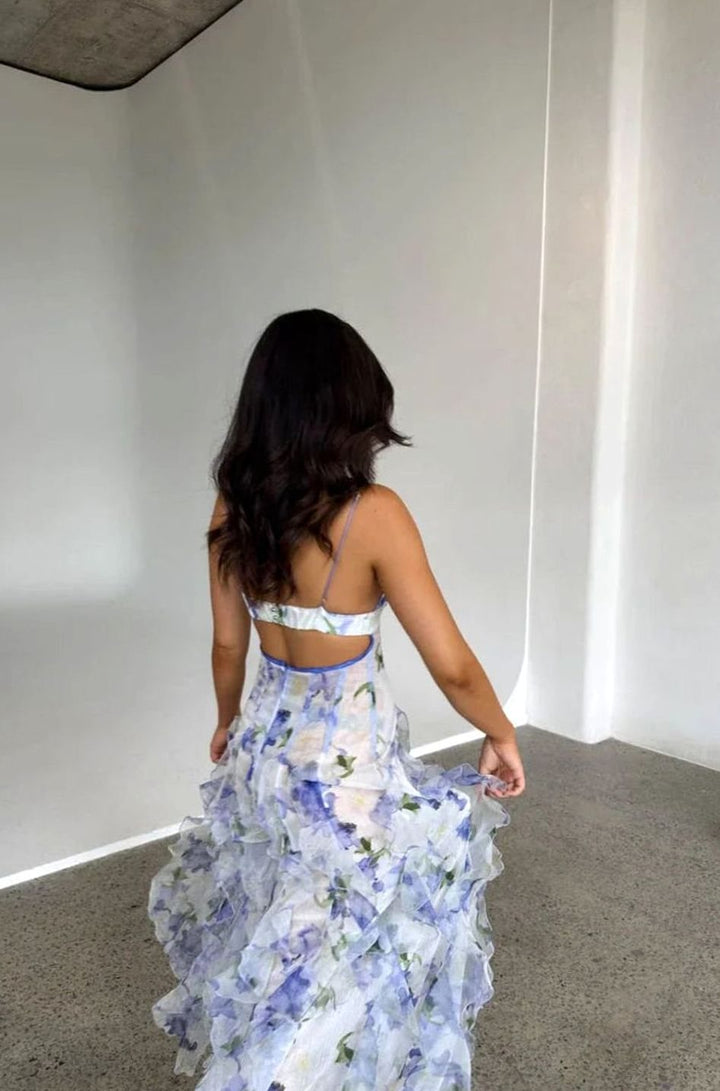 Women's Floral Ruffled Corset Strapless Maxi Dress