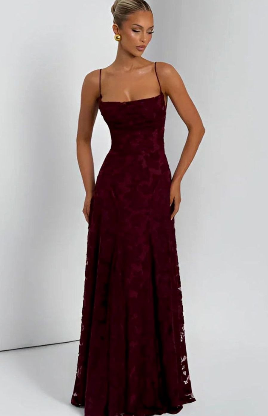 Women's Floral Spaghetti-Strap A-Line Pink Maxi Dress - Burgundy