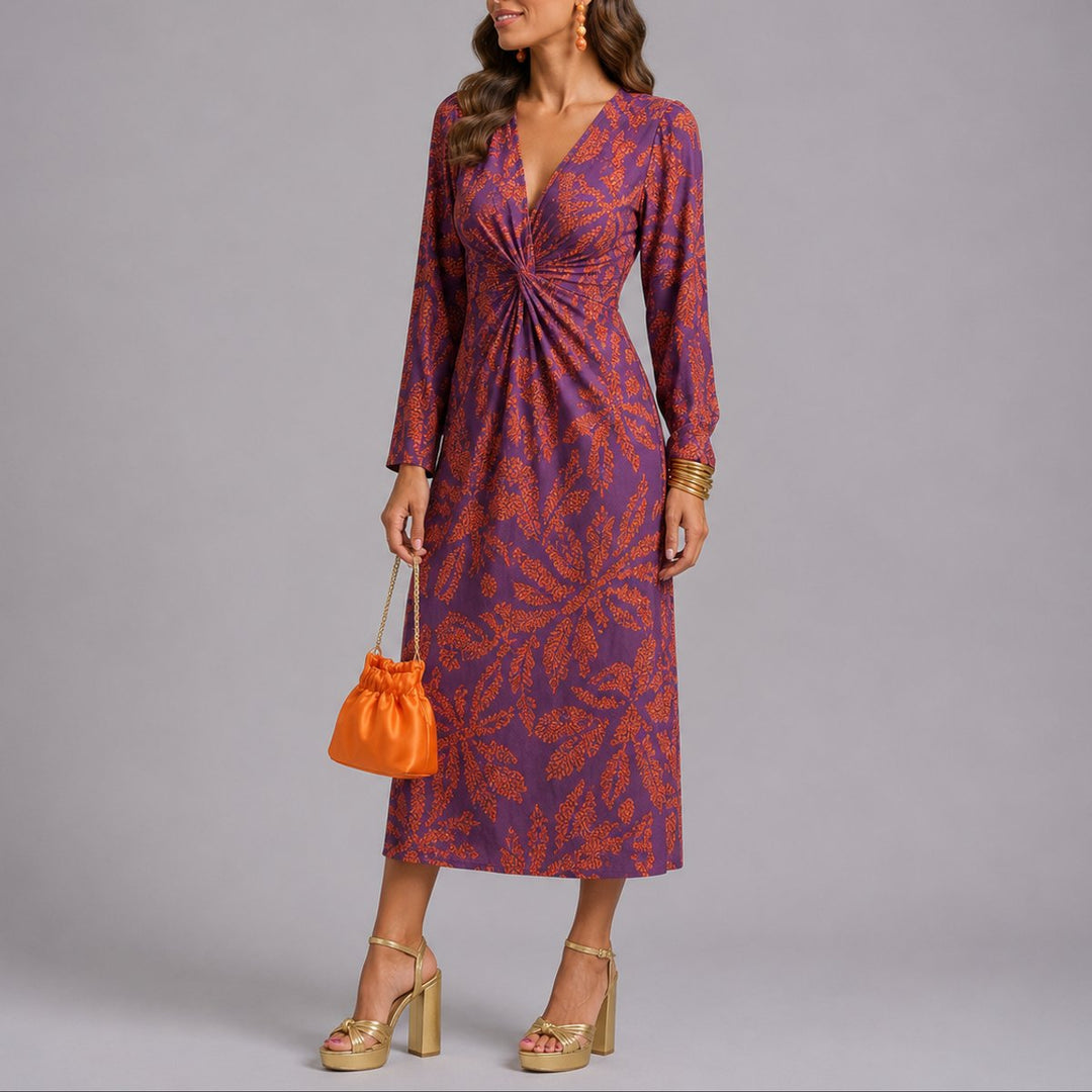 Women's Floral Twist-Front V-Neck Fall Wedding Guest Midi Dress - Purple