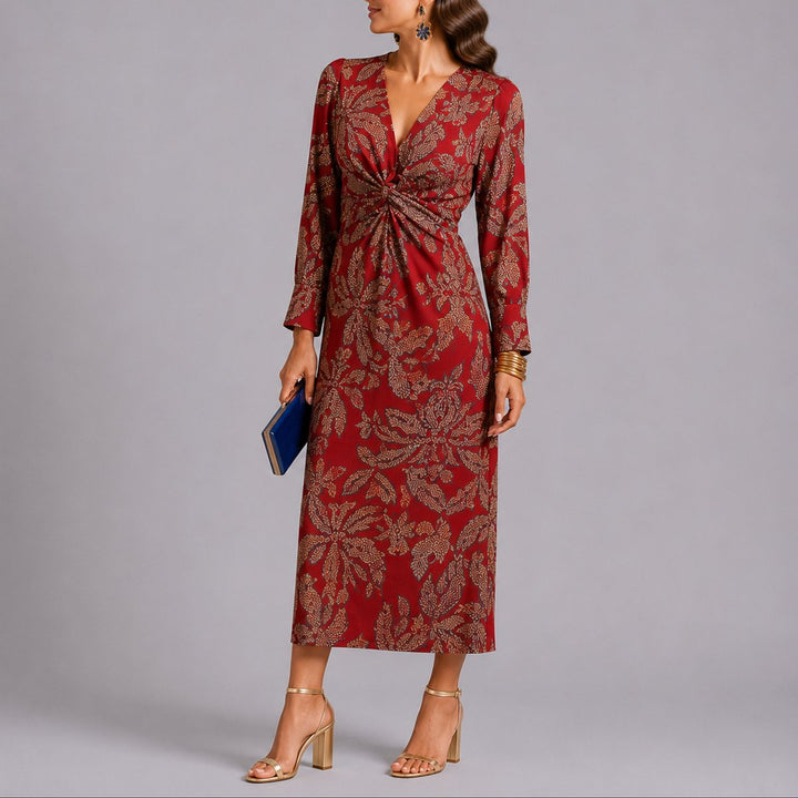 Women's Floral Twist-Front V-Neck Fall Wedding Guest Midi Dress - Red