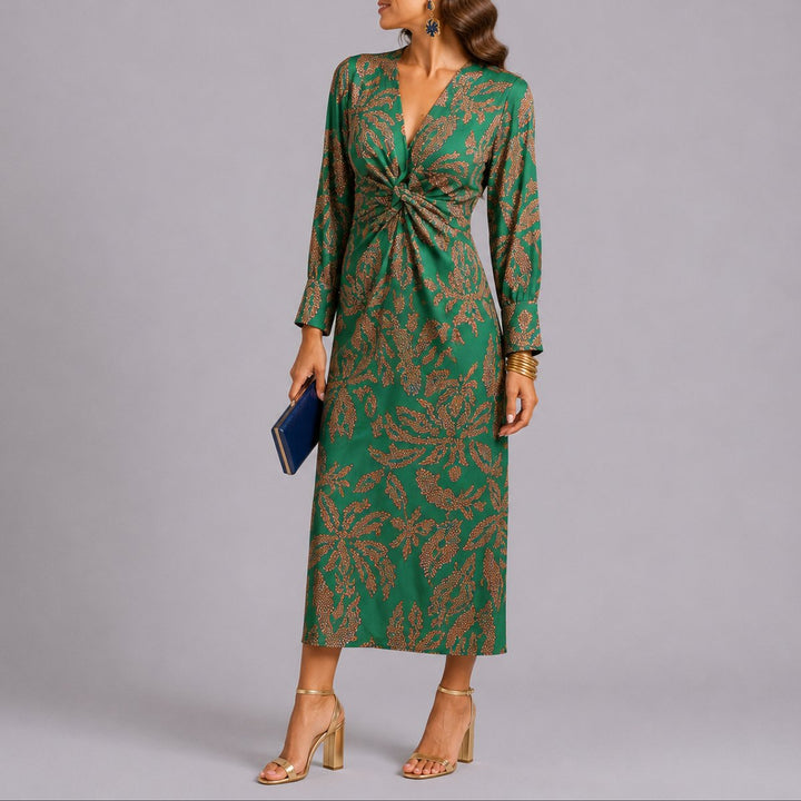 Women's Floral Twist-Front V-Neck Fall Wedding Guest Midi Dress - Green