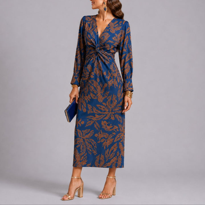 Women's Floral Twist-Front V-Neck Fall Wedding Guest Midi Dress - Blue