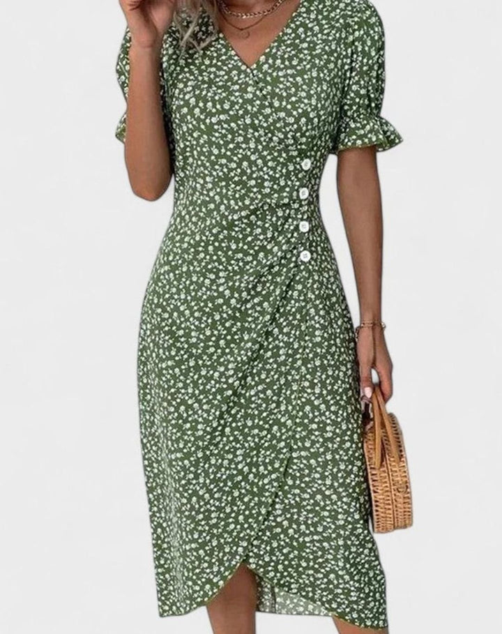 Women's Floral V-Neck Button-Front Short Sleeve Midi Dress - Green