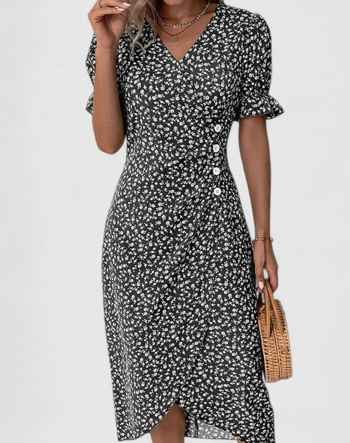 Women's Floral V-Neck Button-Front Short Sleeve Midi Dress - Black