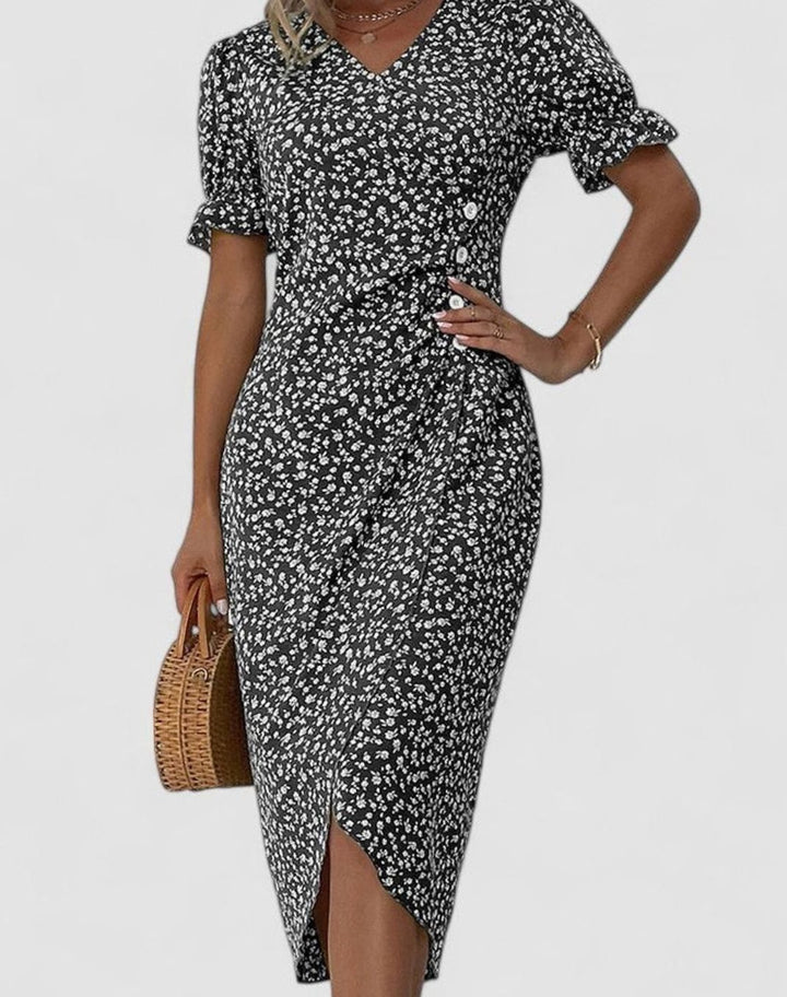 Women's Floral V-Neck Button-Front Short Sleeve Midi Dress