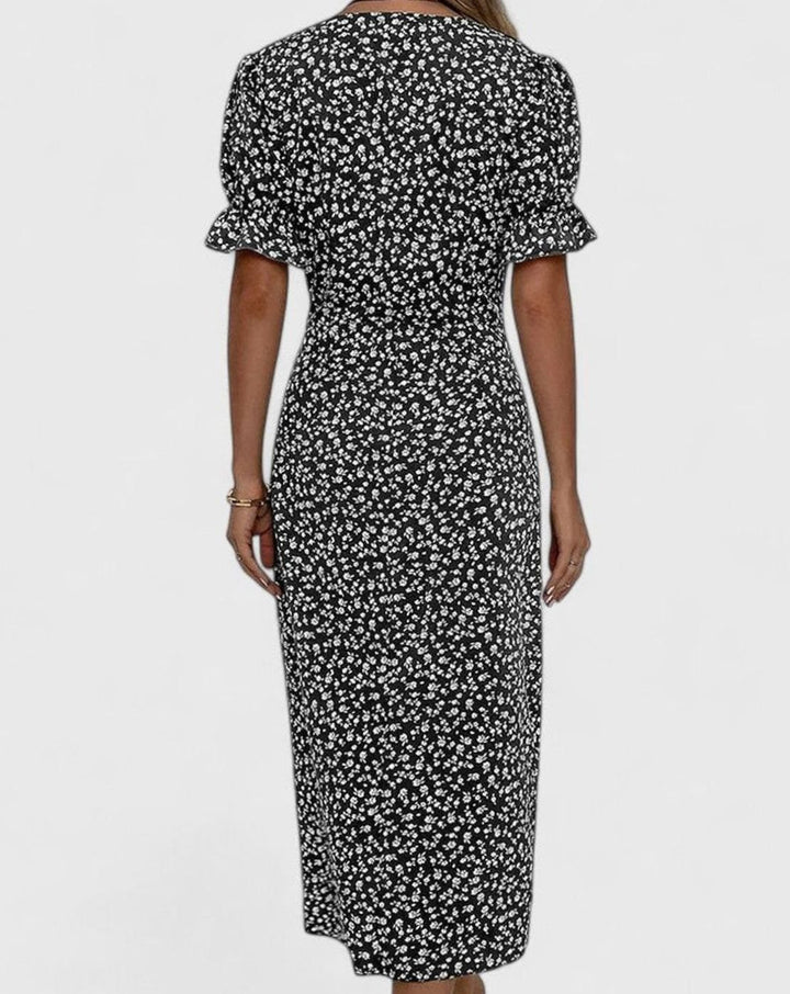 Women's Floral V-Neck Button-Front Short Sleeve Midi Dress