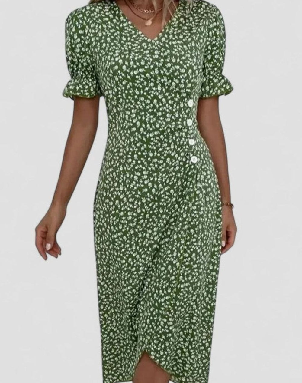 Women's Floral V-Neck Button-Front Short Sleeve Midi Dress