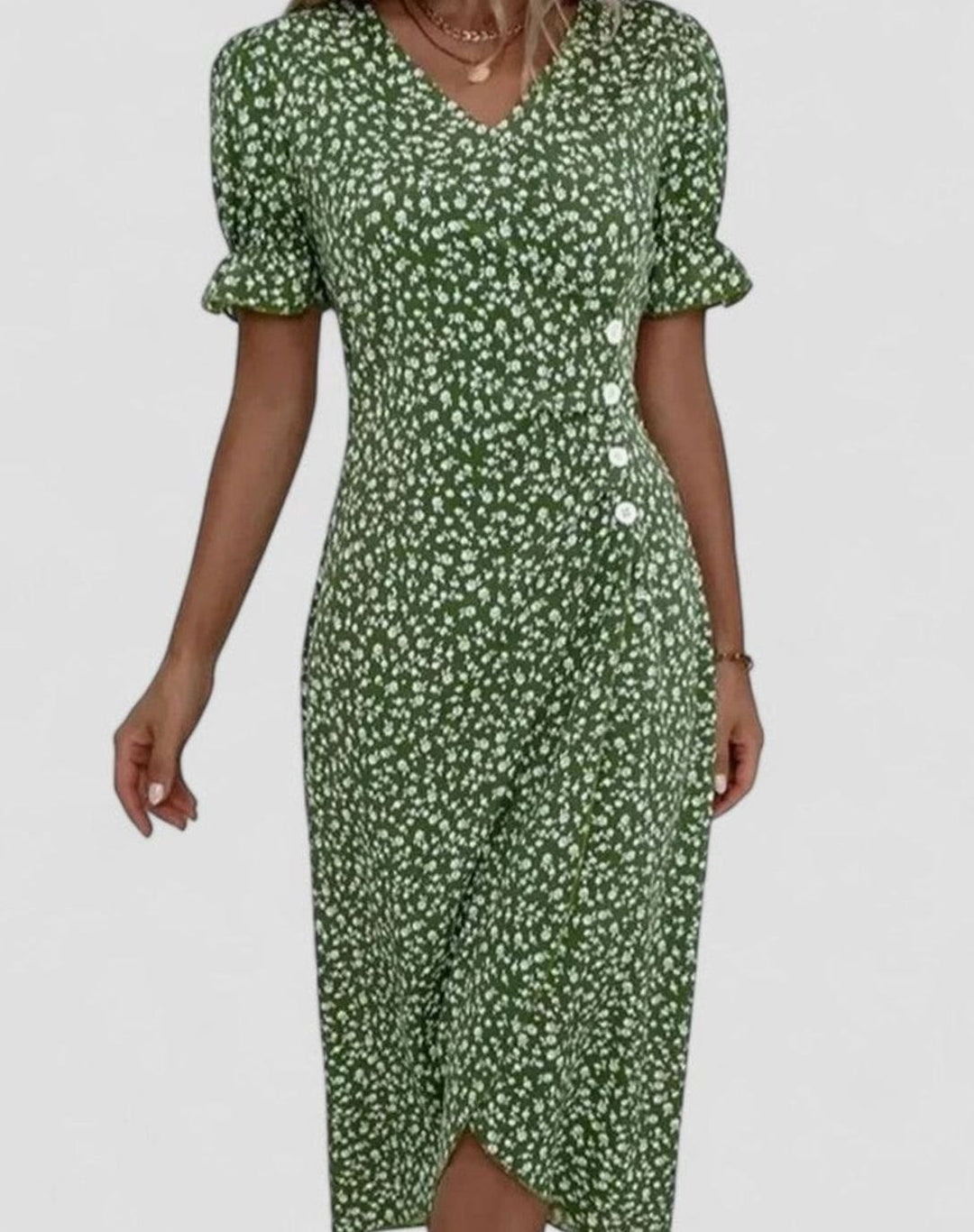 Women's Floral V-Neck Button-Front Short Sleeve Midi Dress