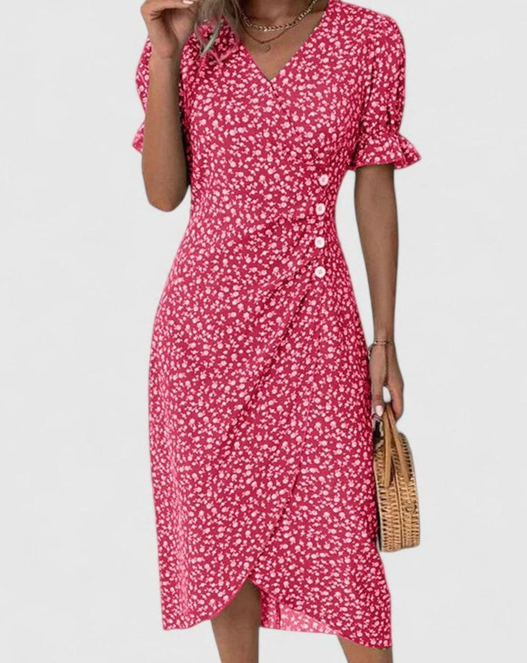 Women's Floral V-Neck Button-Front Short Sleeve Midi Dress - Red