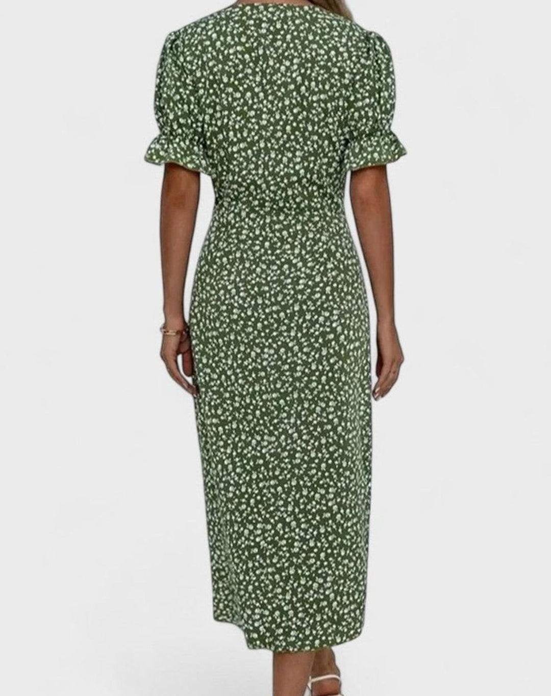 Women's Floral V-Neck Button-Front Short Sleeve Midi Dress
