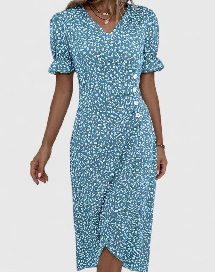 Women's Floral V-Neck Button-Front Short Sleeve Midi Dress