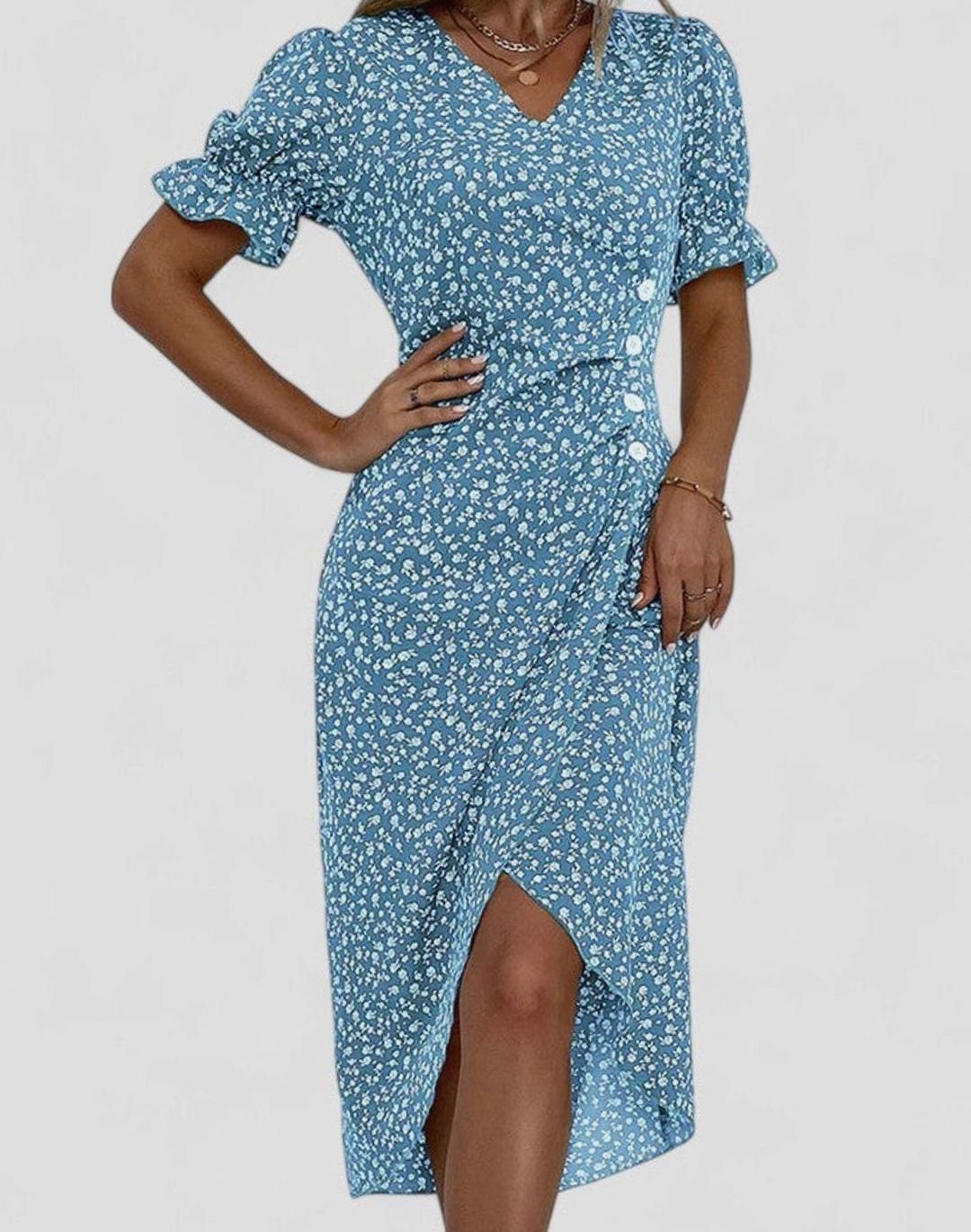 Women's Floral V-Neck Button-Front Short Sleeve Midi Dress