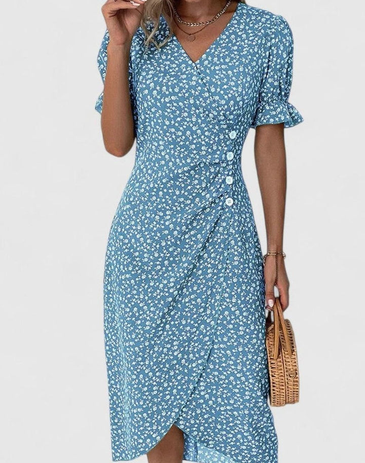Women's Floral V-Neck Button-Front Short Sleeve Midi Dress - Blue