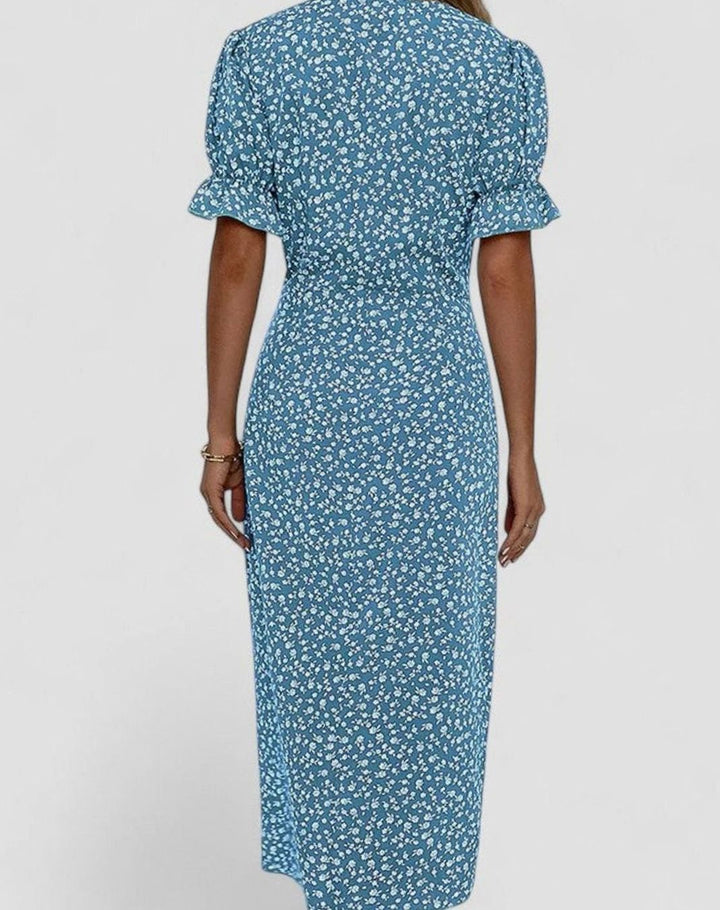 Women's Floral V-Neck Button-Front Short Sleeve Midi Dress