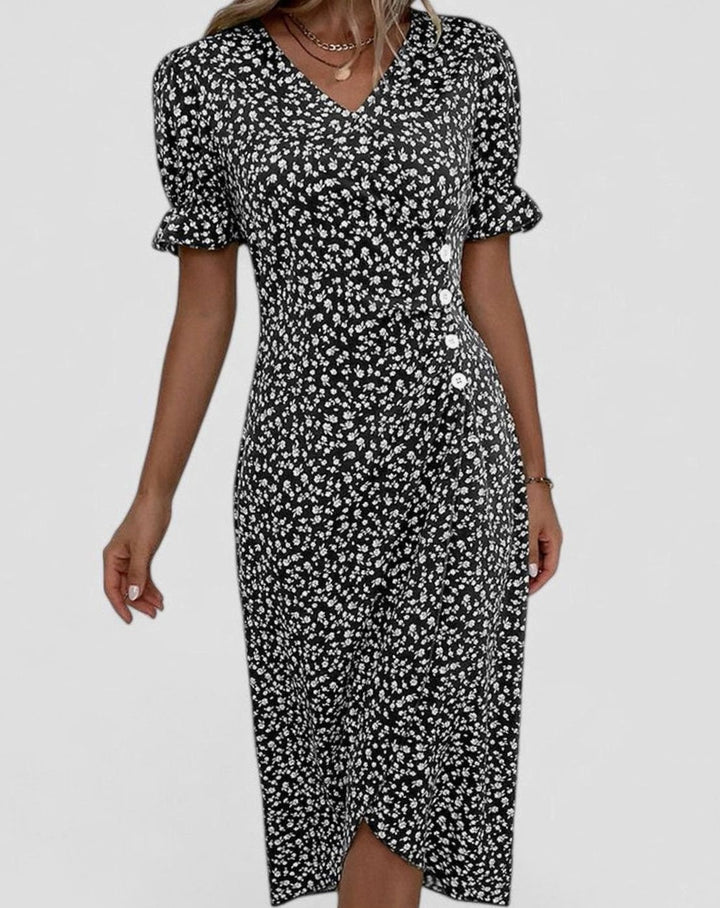 Women's Floral V-Neck Button-Front Short Sleeve Midi Dress