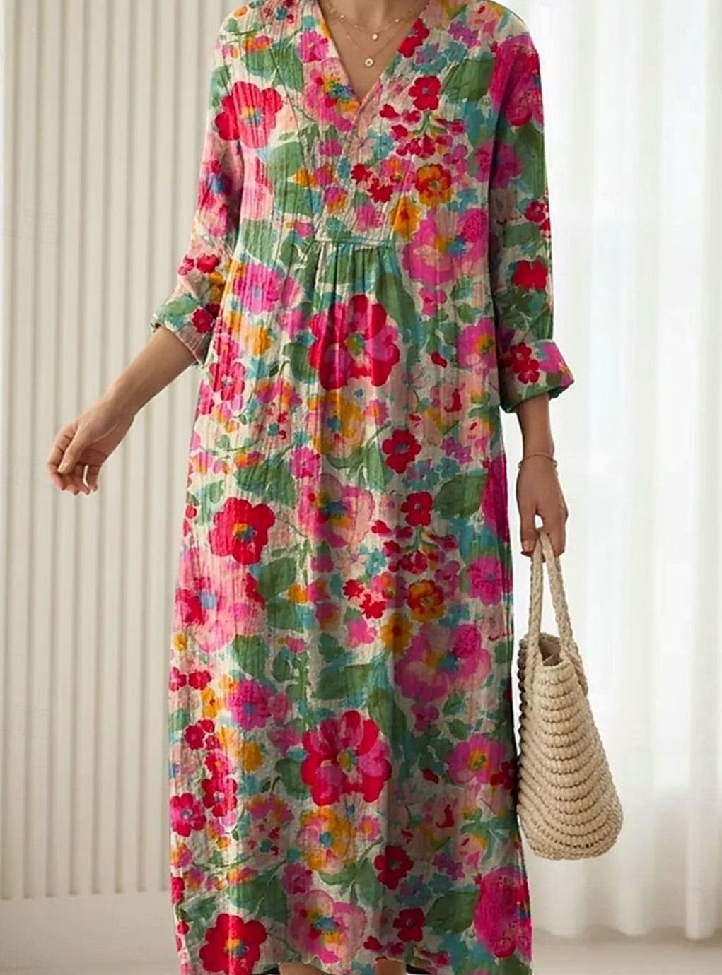 Women's Floral V-Neck Long Sleeve Maxi Day Dress - Multicolor