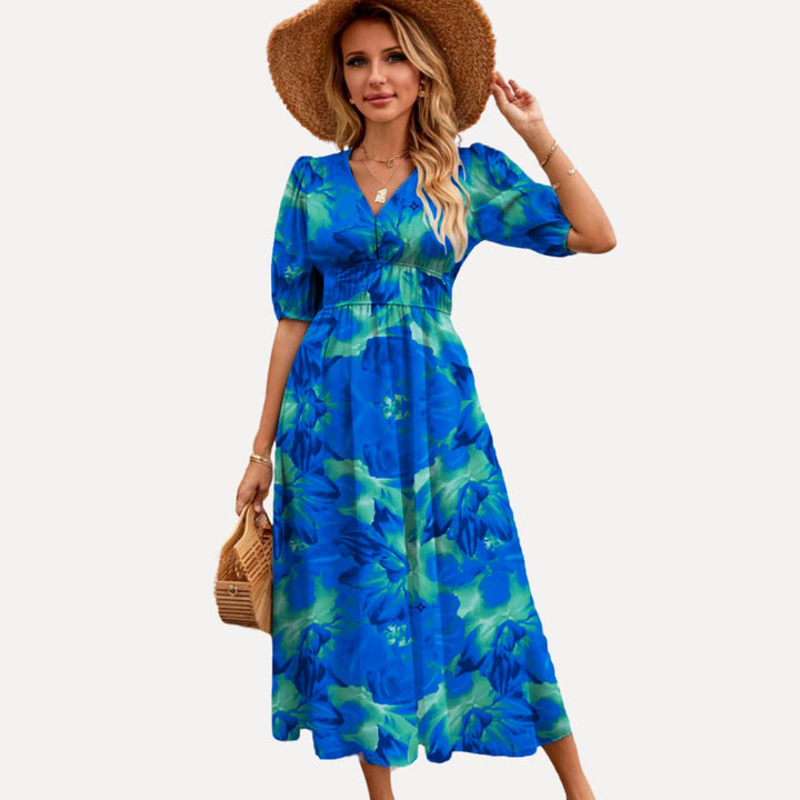 Women's Floral V-Neck Puff-Sleeve High-Waist Maxi Dress
