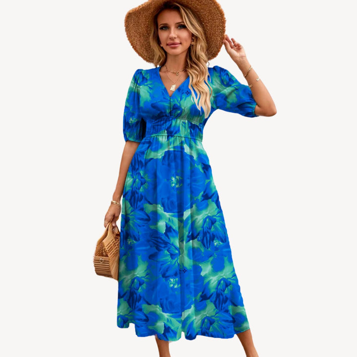 Women's Floral V-Neck Puff-Sleeve High-Waist Maxi Dress - Dark Blue