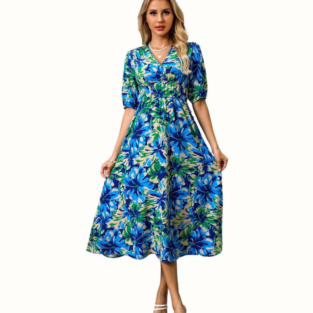 Women's Floral V-Neck Puff-Sleeve High-Waist Maxi Dress - Blue