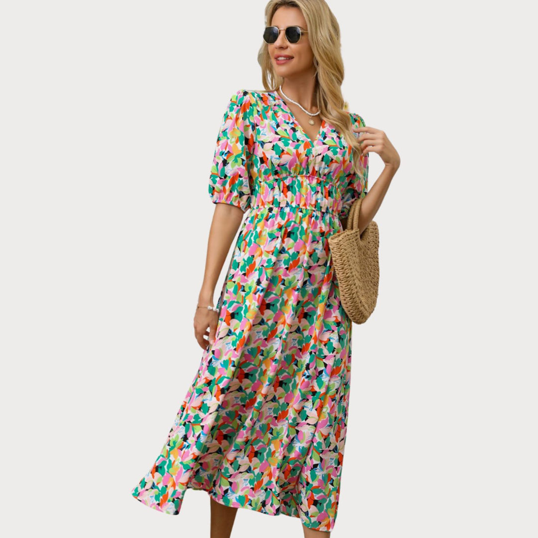 Women's Floral V-Neck Puff-Sleeve High-Waist Maxi Dress - Green