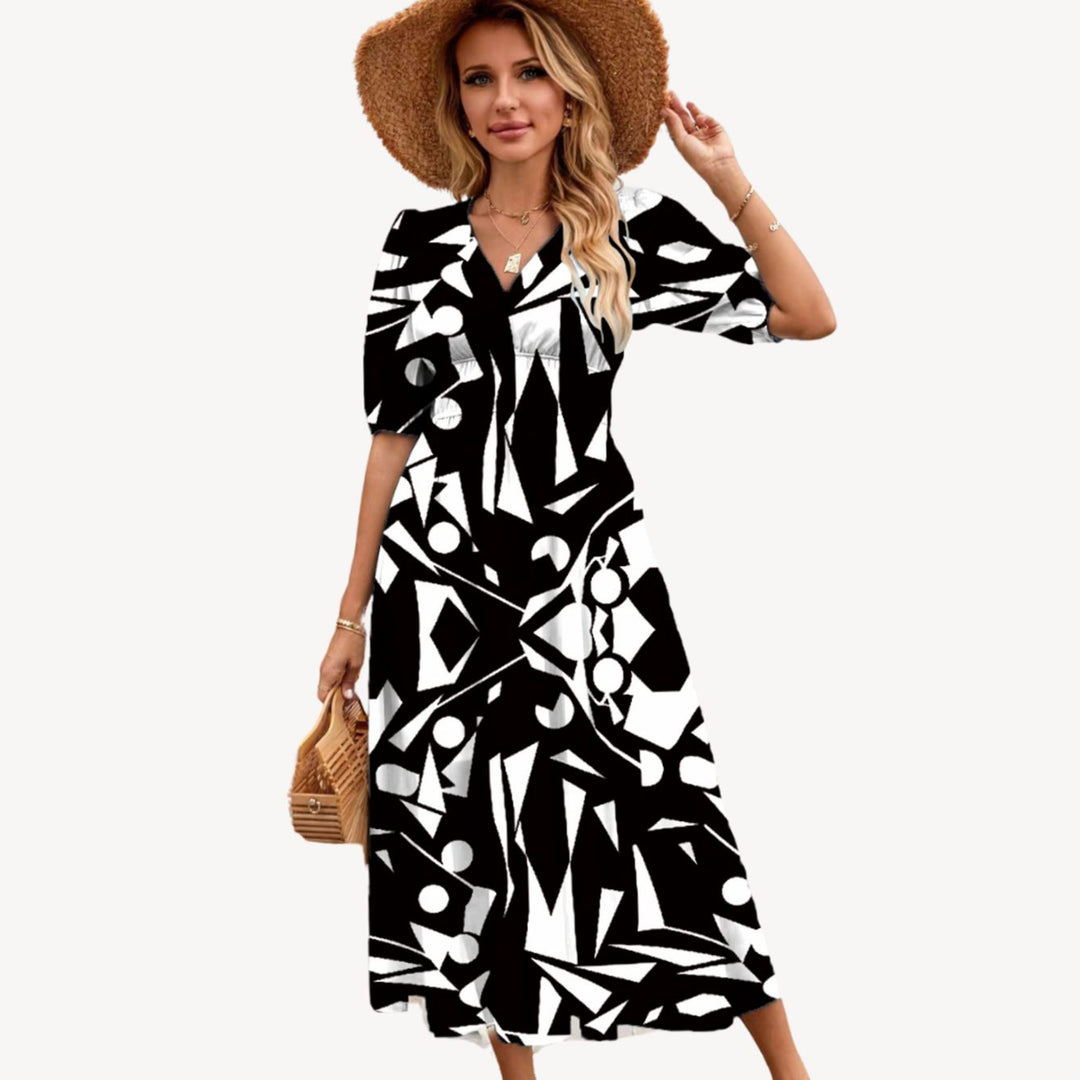 Women's Floral V-Neck Puff-Sleeve High-Waist Maxi Dress - Black