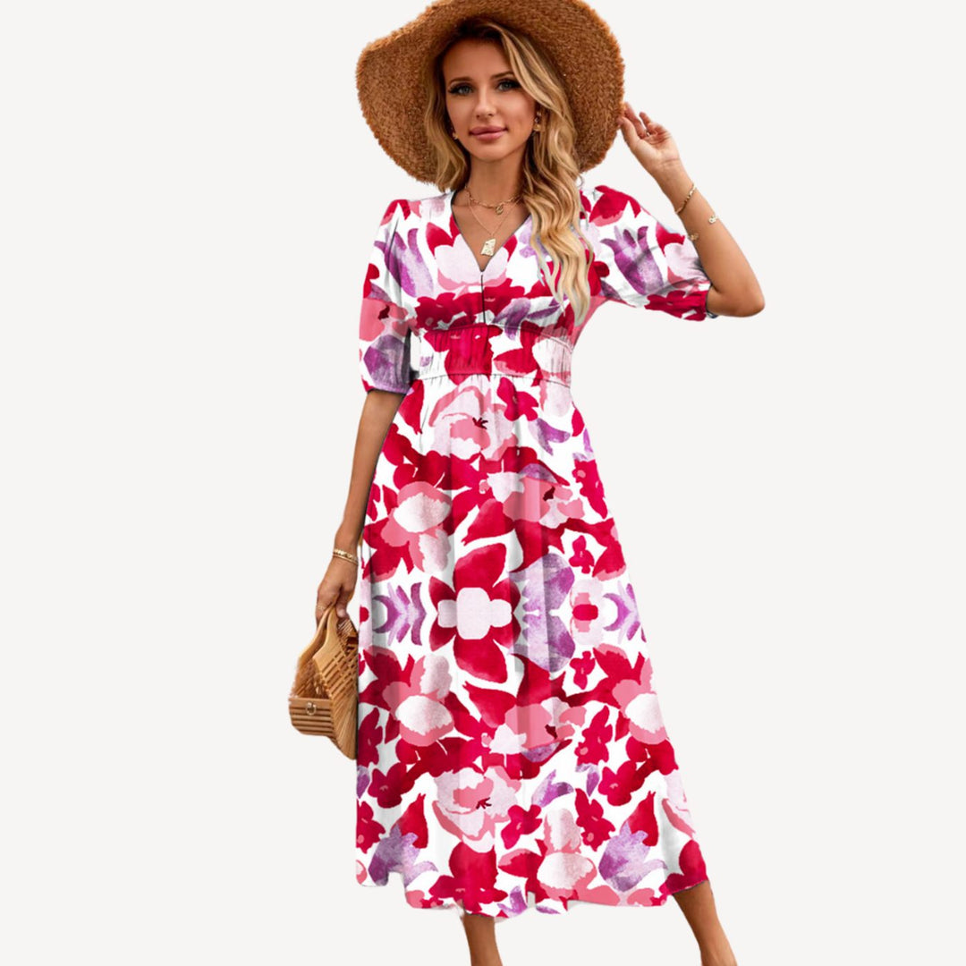 Women's Floral V-Neck Puff-Sleeve High-Waist Maxi Dress - Red
