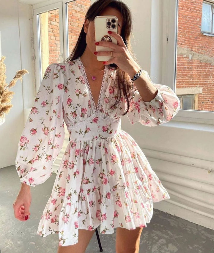 Women's Floral V-Neck Ruffle A-Line Elegant Mini Dress - Pink