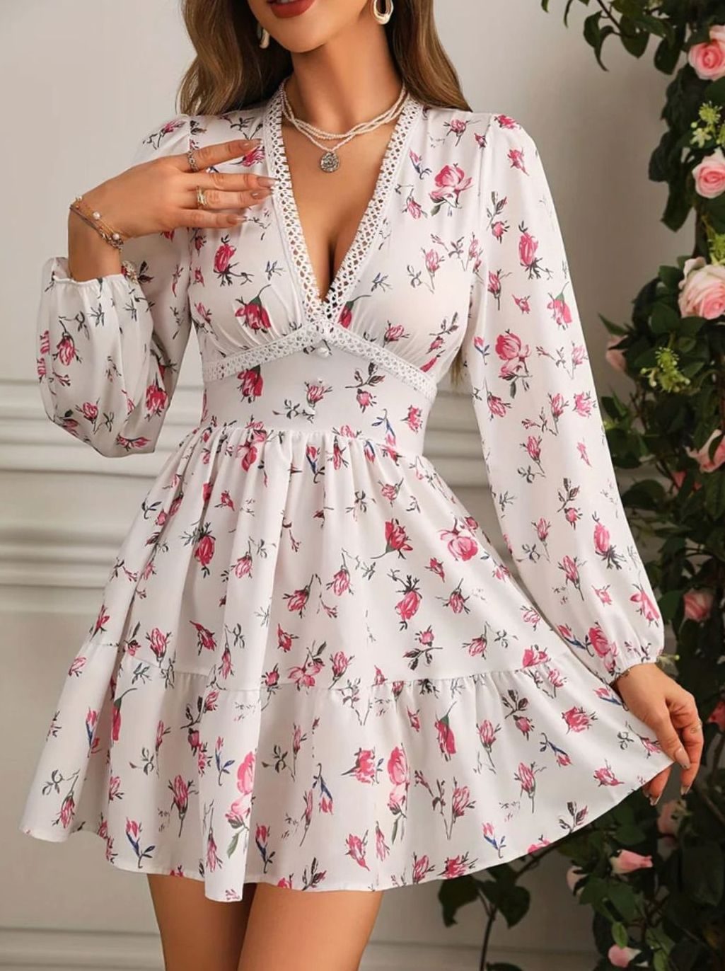 Women's Floral V-Neck Ruffle A-Line Elegant Mini Dress