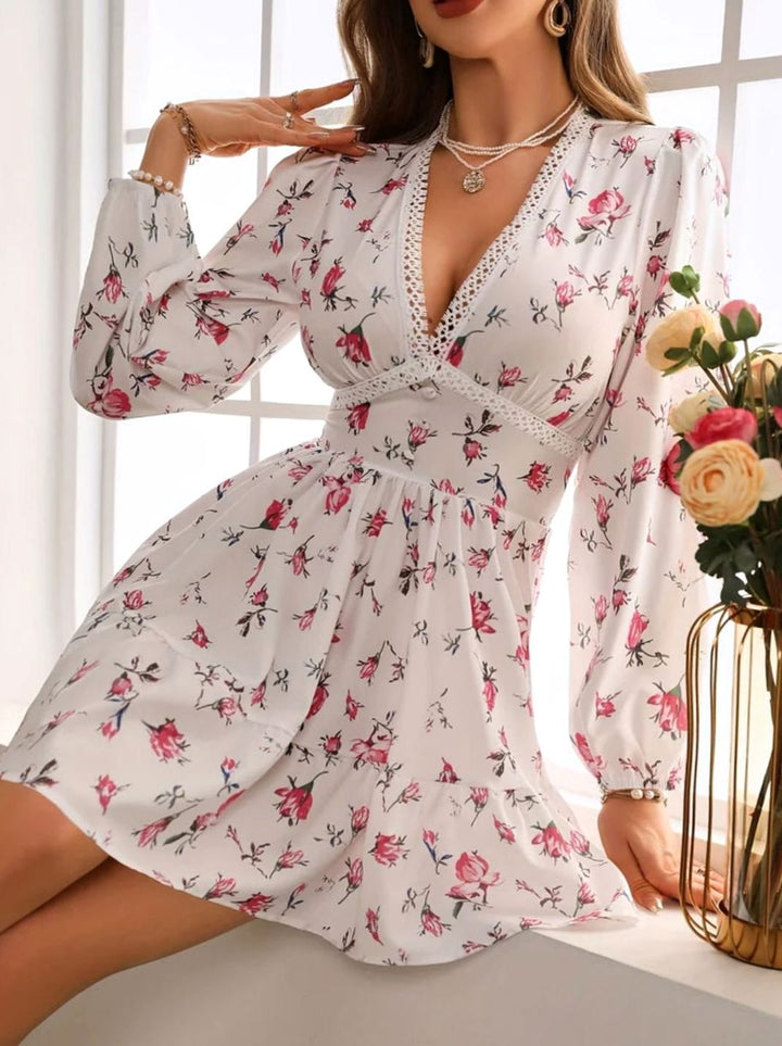 Women's Floral V-Neck Ruffle A-Line Elegant Mini Dress
