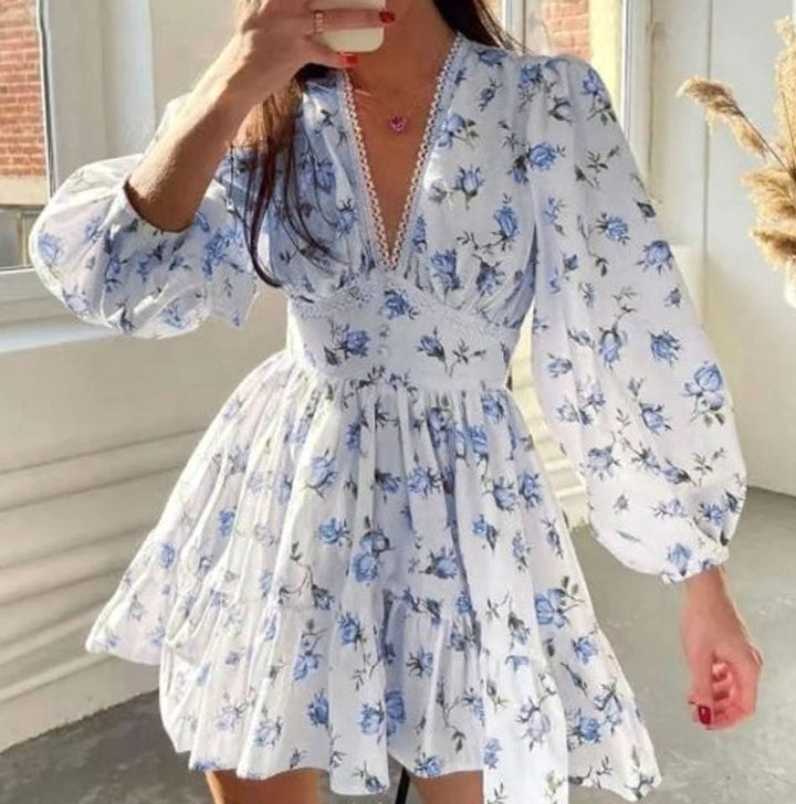 Women's Floral V-Neck Ruffle A-Line Elegant Mini Dress - Blue
