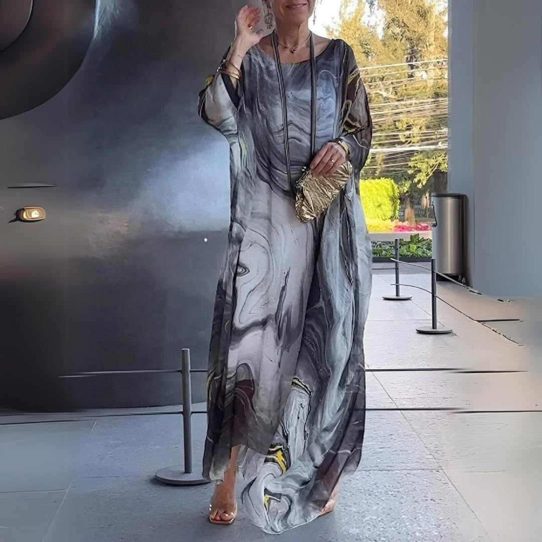 Women's Flowing Batwing Maxi Long Sleeve Dress Round Neck - Grey