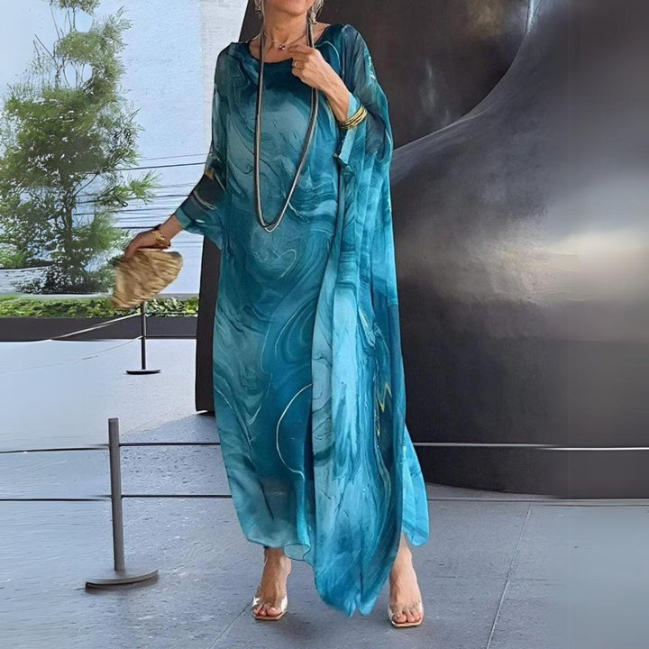 Women's Flowing Batwing Maxi Long Sleeve Dress Round Neck - Blue (Almost Sold Out)