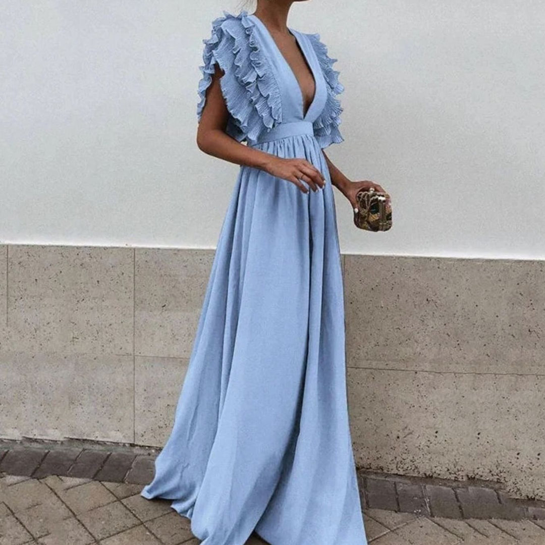 Women's Flowy Maxi Wedding Guest Dress Ruffled Deep V-Neck - Blue