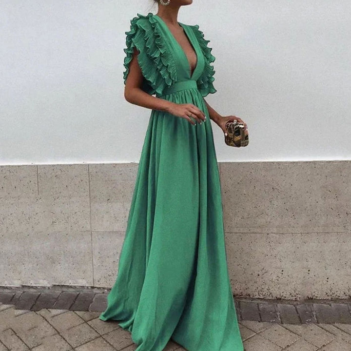 Women's Flowy Maxi Wedding Guest Dress Ruffled Deep V-Neck - Green