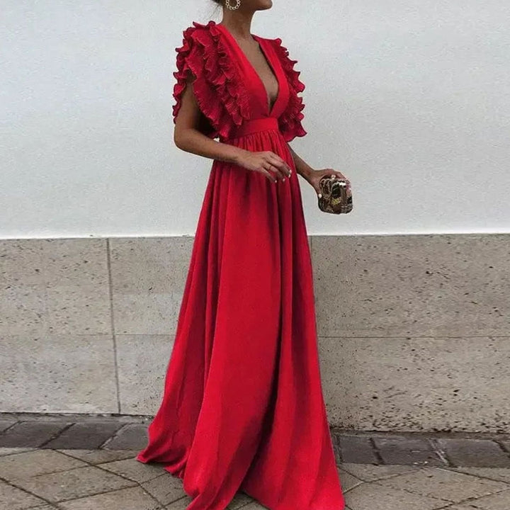 Women's Flowy Maxi Wedding Guest Dress Ruffled Deep V-Neck - Red