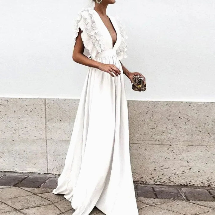 Women's Flowy Maxi Wedding Guest Dress Ruffled Deep V-Neck - White