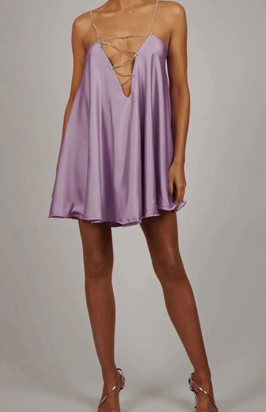 Women's Flowy Mini Wedding Guest Dress Rhinestone Chain Straps