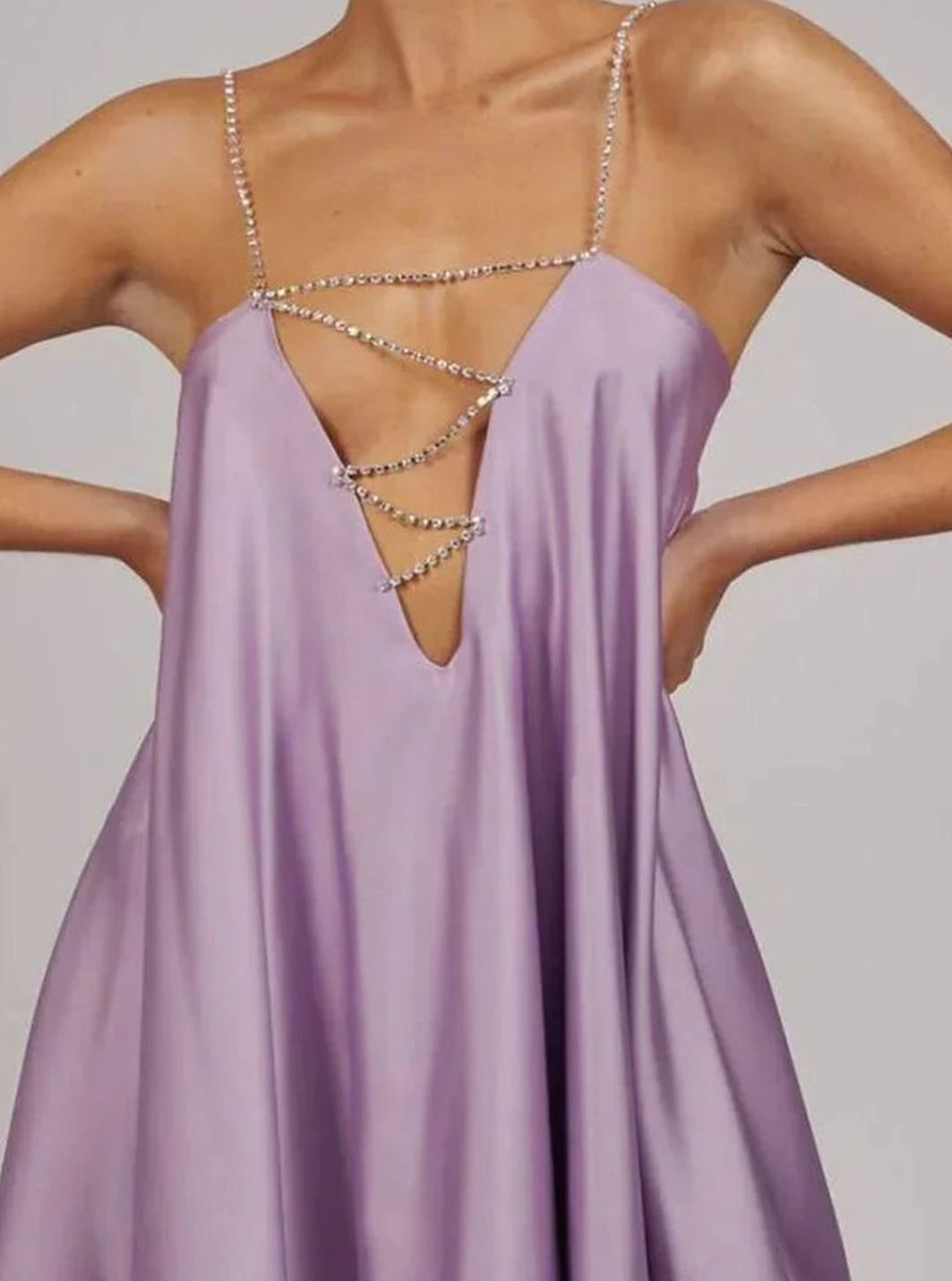 Women's Flowy Mini Wedding Guest Dress Rhinestone Chain Straps