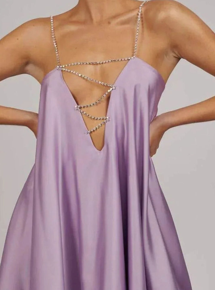 Women's Flowy Mini Wedding Guest Dress Rhinestone Chain Straps