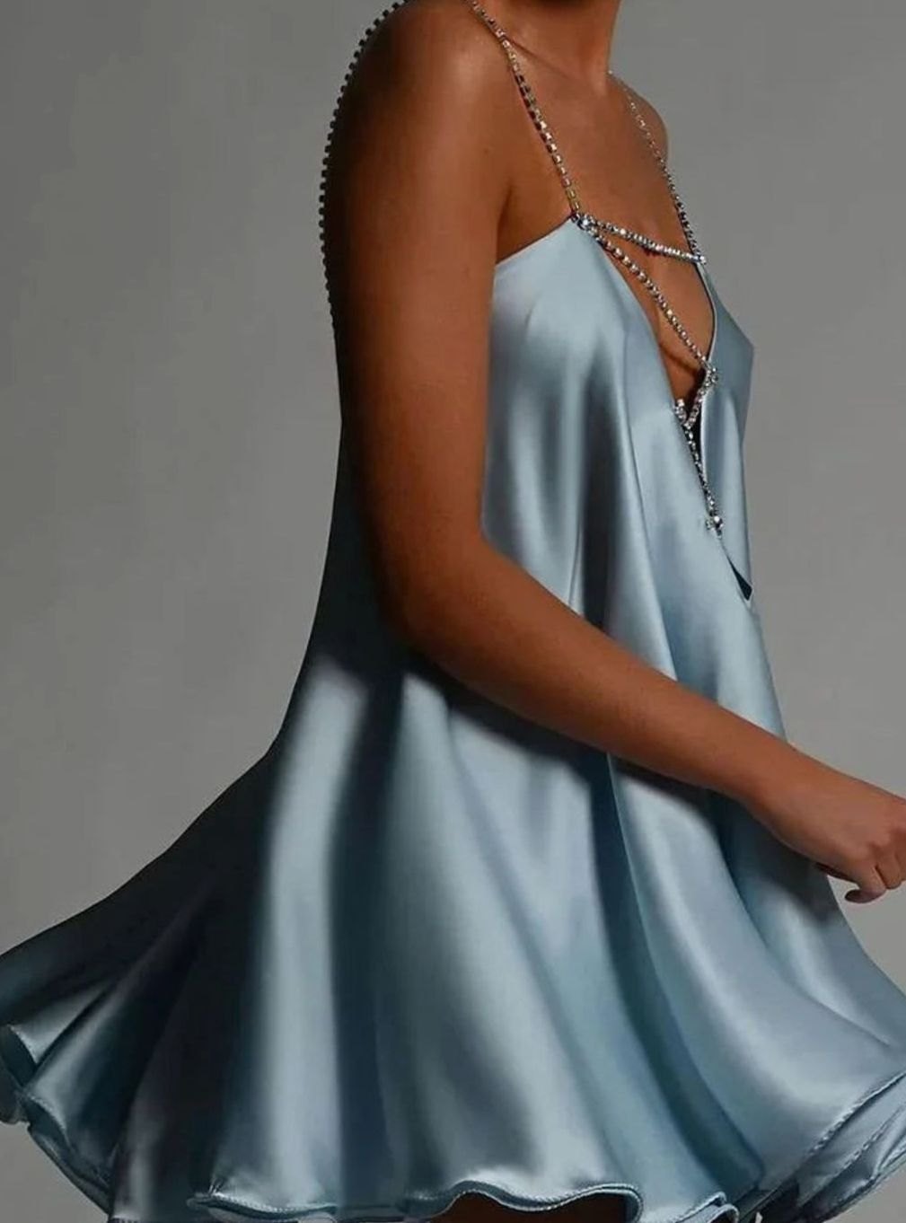Women's Flowy Mini Wedding Guest Dress Rhinestone Chain Straps - Blue