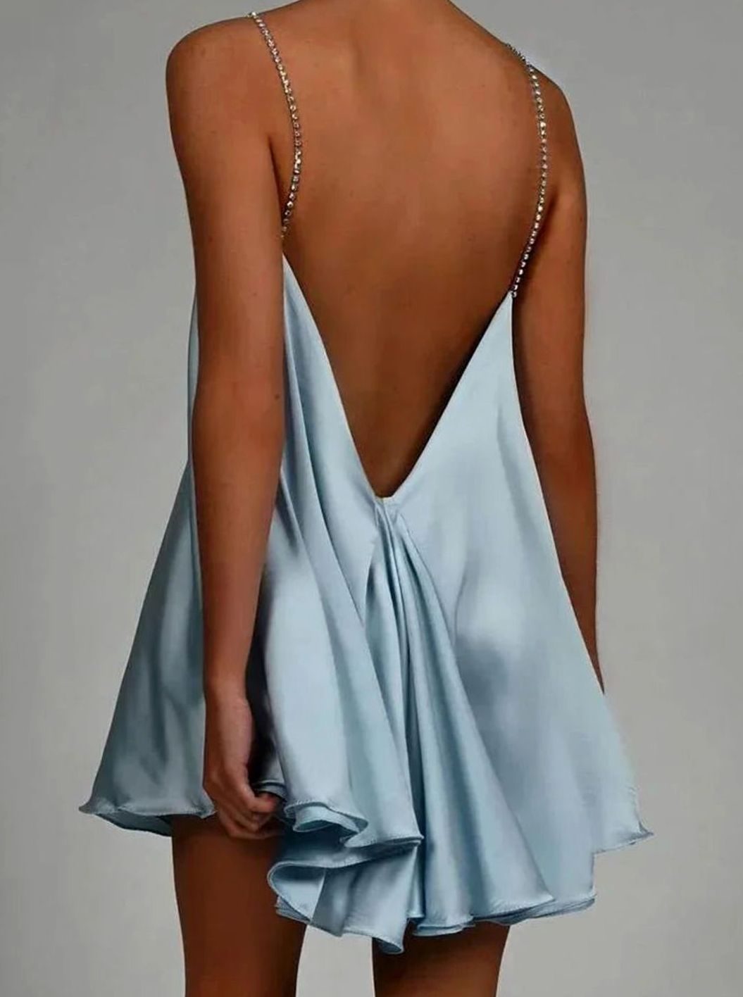 Women's Flowy Mini Wedding Guest Dress Rhinestone Chain Straps