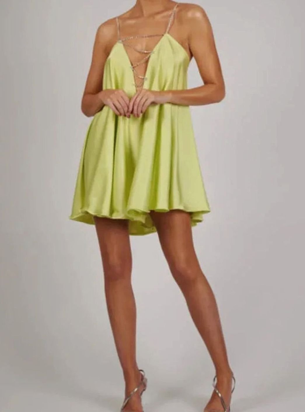 Women's Flowy Mini Wedding Guest Dress Rhinestone Chain Straps