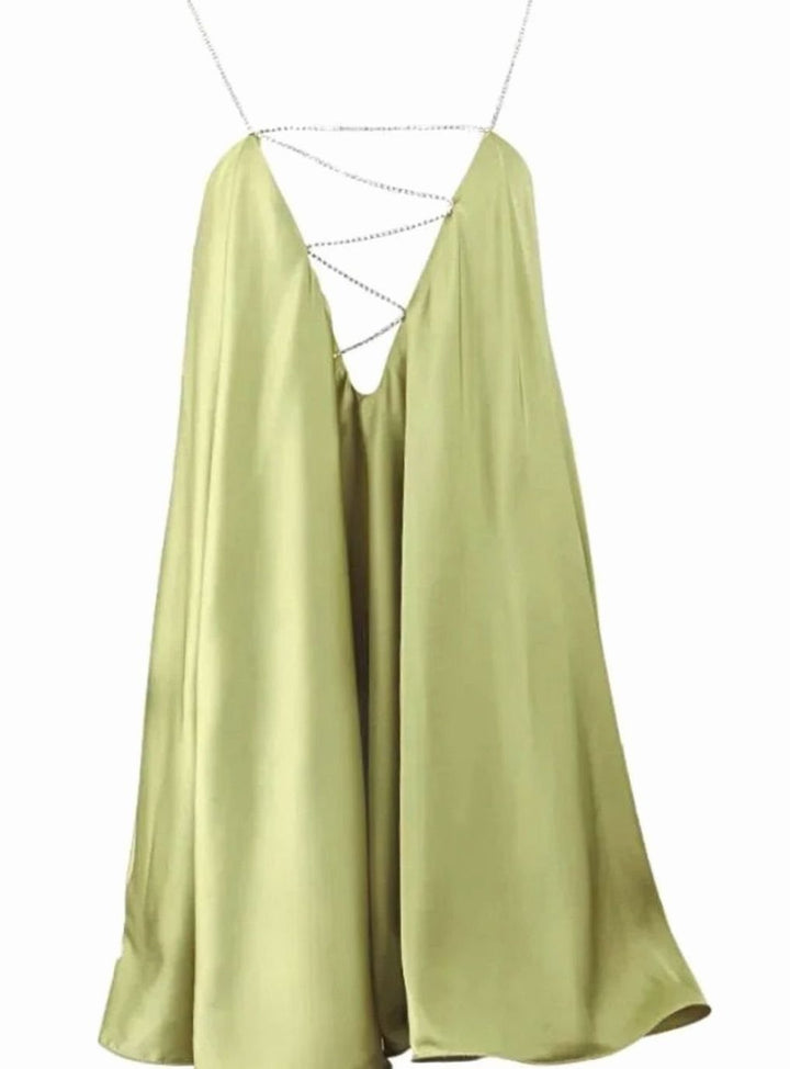 Women's Flowy Mini Wedding Guest Dress Rhinestone Chain Straps