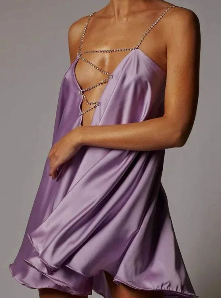 Women's Flowy Mini Wedding Guest Dress Rhinestone Chain Straps - Purple